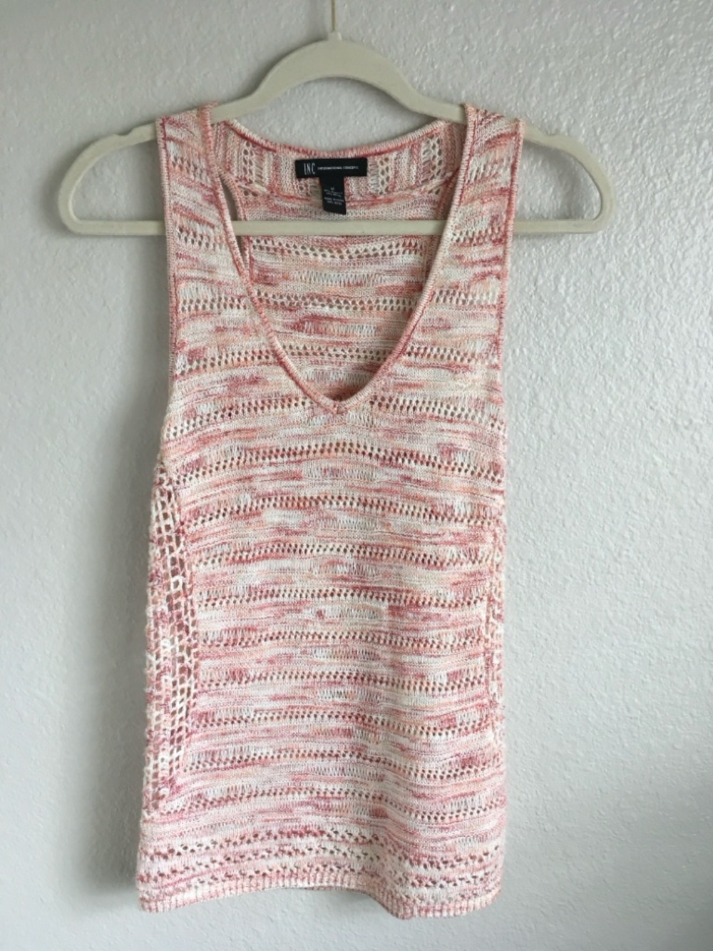 INC Pink and Cream Crochet Knit V-Neck Tank Top